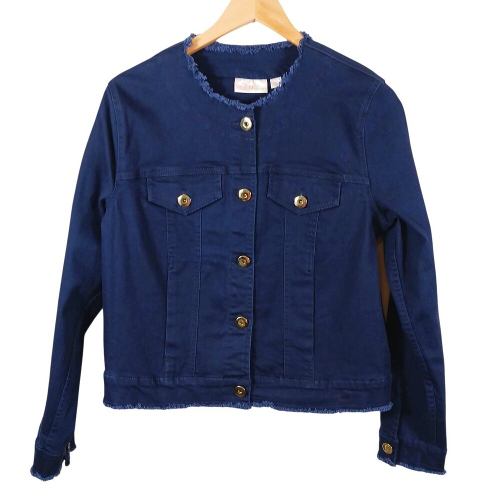 Kim Gravel, Belle, Medium Navy Denim Jacket with Gold Buttons and Frayed Trim